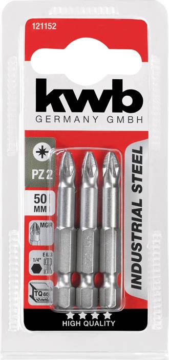 'Trzy końcówki wkrętakowe PZ2, 50 mm, stal przemysłowa, wysoka jakość, pakowane w plastik. Marka kwb Germany GmbH.'