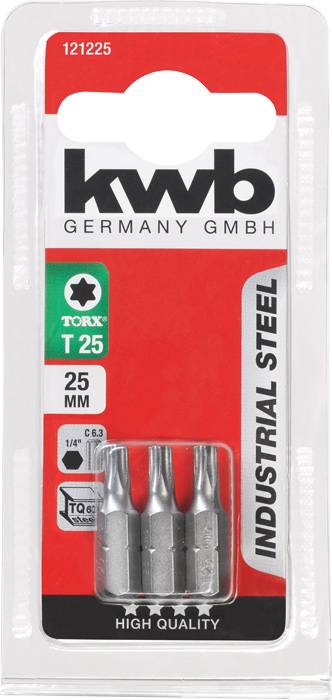 Trzy końcówki Torx T25 (25 mm) w opakowaniu marki 'kwb Germany GmbH', oznaczone jako 'Industrial Steel' i 'High Quality'.