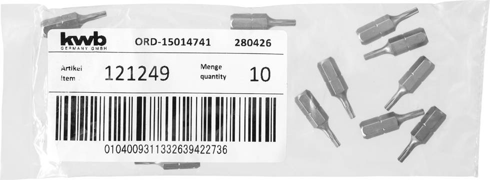 Worek plastikowy z końcówkami wkrętakowymi. Etykieta zawiera: 'Numer artykułu: 121249', 'Ilość: 10', 'Kod kreskowy'. Marka: 'kwb Germany GmbH'.