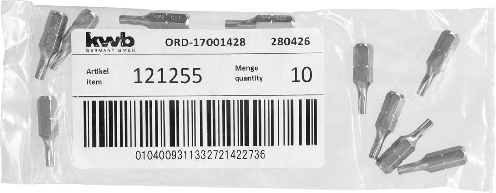 Torba z wieloma końcówkami wkrętakowymi, etykieta wskazuje numer artykułu 121255, ilość 10, marka kvd.