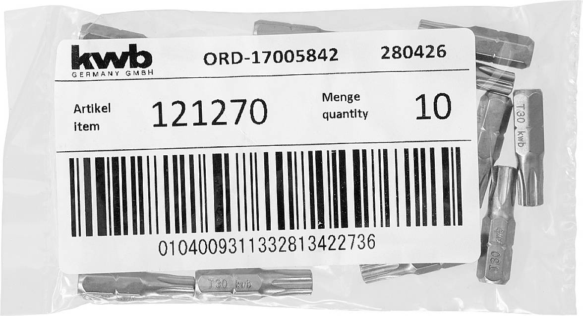 Torebka z bitami marki kwb. Na etykiecie widnieje: 'Artykuł 121270', 'Ilość 10'. Kod kreskowy u dołu.