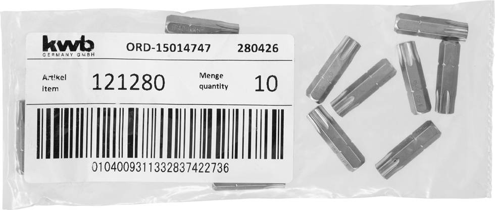 Worek z 10 elementami, numer artykułu 121280, kod kreskowy widoczny, producent 'KWB Germany GmbH'.