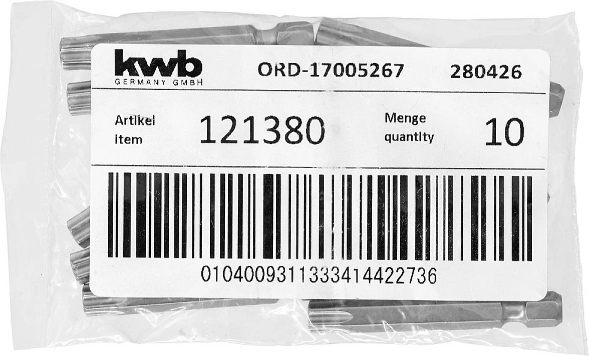 Przezroczyście zapakowany zestaw metalowych elementów mocujących firmy 'kwb Germany GmbH', numer artykułu 121380, ilość: 10, z kodem kreskowym poniżej.