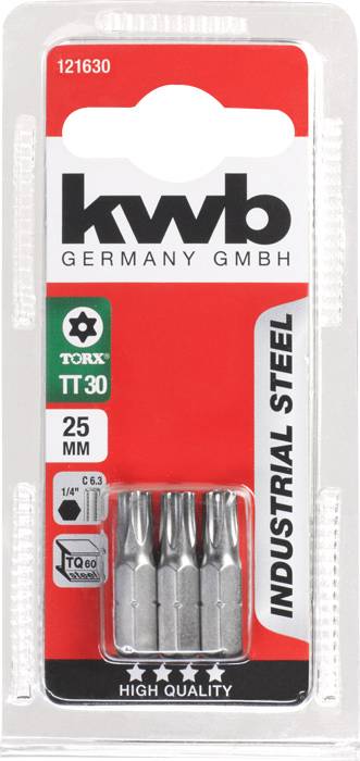 'Trzy końcówki wkrętakowe Torx o rozmiarze TT30 wykonane ze stali przemysłowej, 25 mm, na czerwono-białym opakowaniu firmy kwb.'