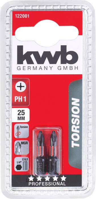 Opakowanie z dwoma grotami PH1, o długości 25 mm, marka kwb. Oznaczenie: TORSION, GERMANY GMBH. Profesjonalna jakość, akcesorium do wkrętaków.