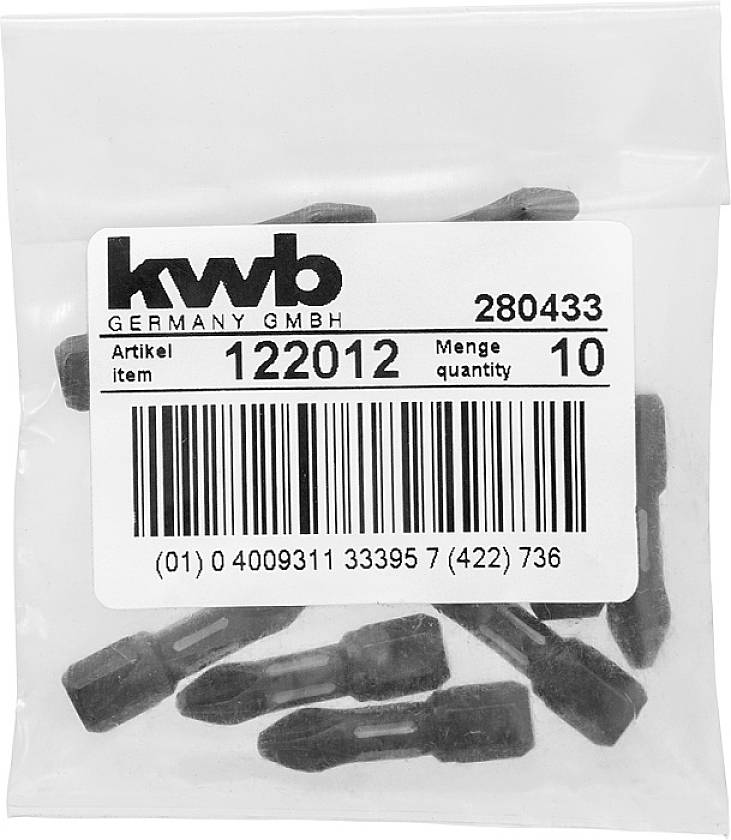 Plastikowa torebka z dziesięcioma wiertłami i etykietą z napisem: 'kwb GERMANY GMBH, Numer artykułu 122012, Ilość 10'.