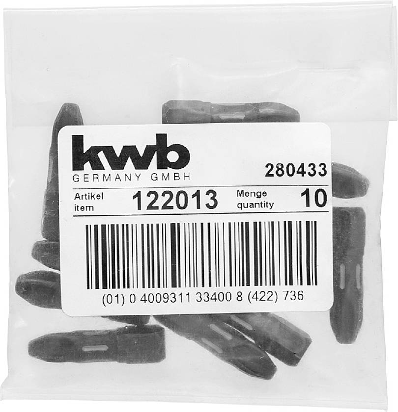 Plastikowa torebka z czarną zawartością, oznaczona etykietą 'kwb GERMANY GmbH', numer artykułu 122013, ilość 10, kod kreskowy na dole.