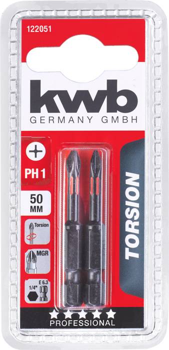 Opakowanie zawiera dwa końcówki wkrętakowe marki 'kwb', rozmiar PH1, długość 50 mm, z funkcją skrętu i magnetyczną, przeznaczone do użytku profesjonalnego.