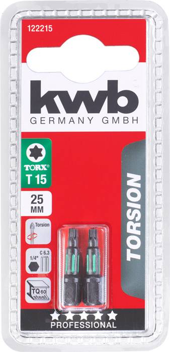 'Opakowanie kwb Germany GmbH, zawiera dwa bity TORX T15, długości 25 mm. Odpowiednie do zastosowań profesjonalnych. Technologia TORSION.'