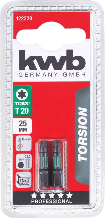 Opakowanie z dwoma końcówkami Torx T20 firmy 'kwb Germany GmbH', długość 25 mm, o zwiększonej odporności skrętnej, przeznaczone do użytku profesjonalnego.