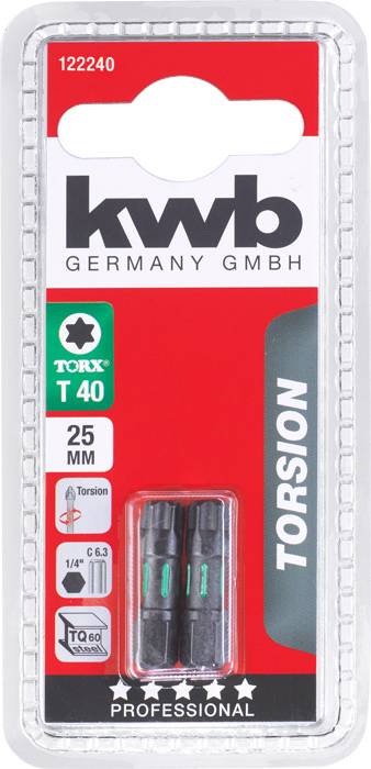 Opakowanie zawiera dwa bity TORX T40, długości 25 mm, od firmy 'kwb Germany GmbH'. Odpowiednie do zastosowań profesjonalnych, wzmocnione torsyjnie.