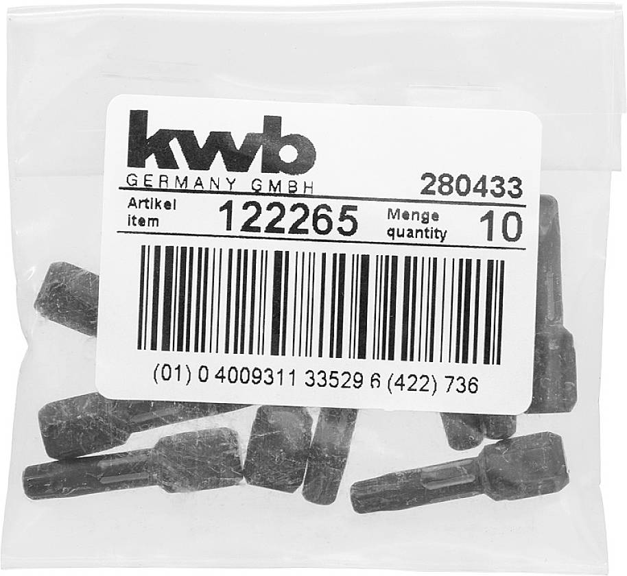 Plastikowa torebka z dziesięcioma czarnymi elementami metalowymi oraz etykietą z napisem: 'kwb GERMANY GMBH', numer artykułu 122265.