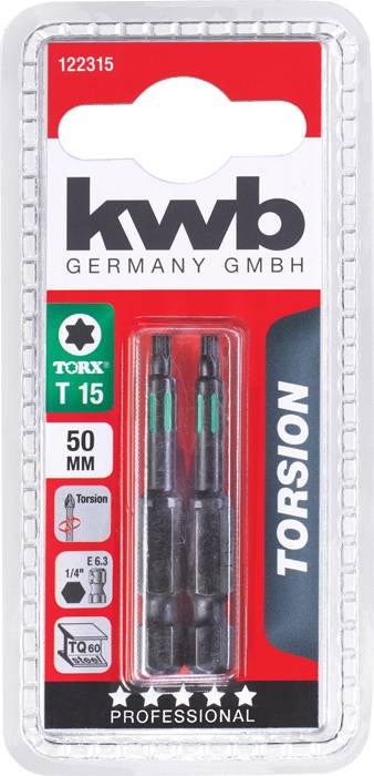Opakowanie zawiera dwa końcówki wkrętakowe Torx T15 firmy 'kwb Germany GmbH', o długości 50 mm, przeznaczone do zastosowań profesjonalnych.