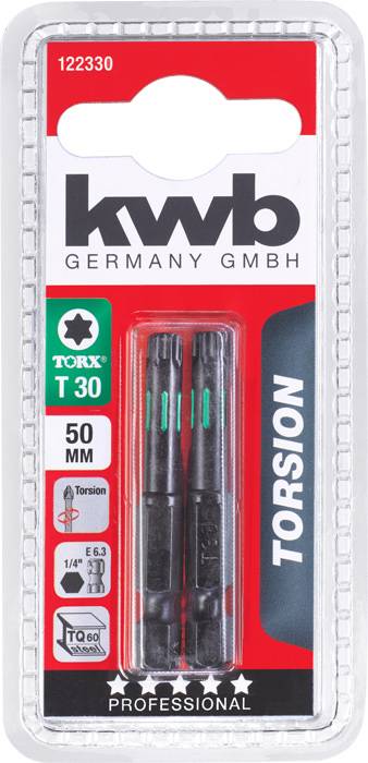 Opakowanie z dwoma końcówkami Torx T30, długości 50 mm, marki 'kwb Germany GmbH', odpowiednie do zastosowań wymagających skręcania, przeznaczone do użytku profesjonalnego.