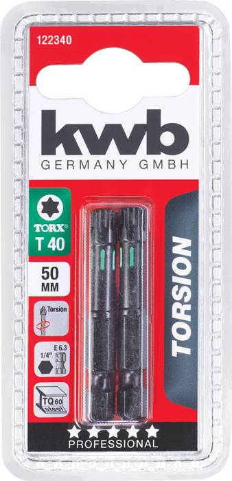 Opakowanie trzech grotów Torx T 40 marki KWB, o długości 50 mm, przeznaczonych do prac ślusarskich.