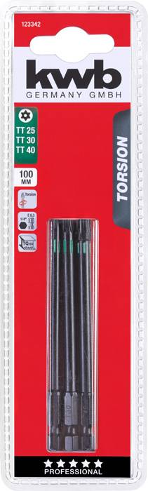 Blister z 6-elementowym zestawem grotów Torx firmy kwb. Rozmiary TT 25, TT 30, TT 40. Przeznaczony do zastosowań profesjonalnych.