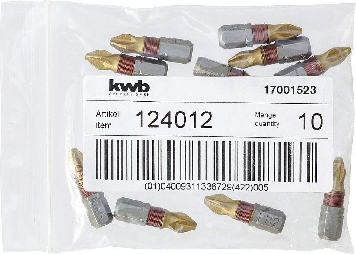 Mały plastikowy woreczek z dziesięcioma grotami wkrętakowym, numer artykułu 124012, ilość 10. Z kodem kreskowym i logo KWB.