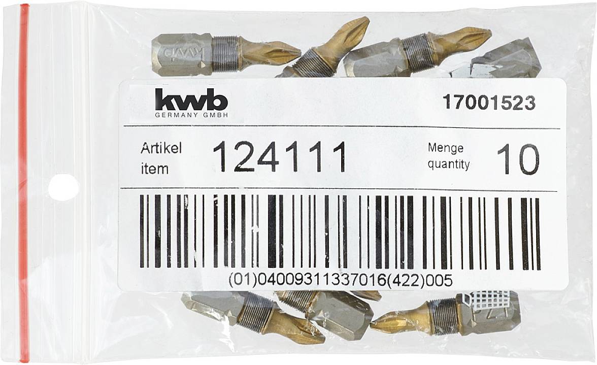 Plastikowa torebka z różnymi wiertłami. Etykieta wskazuje 'kwb Germany GmbH', numer artykułu '124111' i ilość '10'. Kody kreskowe widoczne.