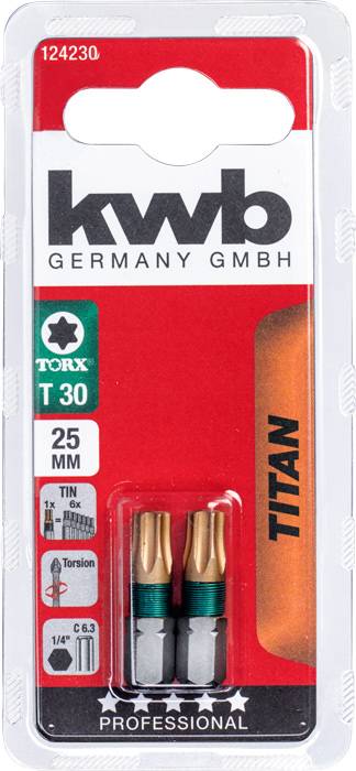 Opakowanie 'kwb Germany GmbH' z końcówkami Torx T30, 25 mm, powlekane tytanem, przeznaczone do zastosowań profesjonalnych.