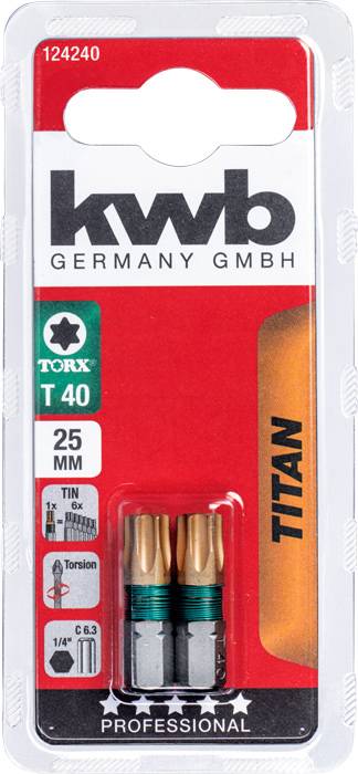 Opakowanie zawiera dwa bity Torx T40 firmy KWB Germany GmbH, o długości 25 mm, powlekane tytanem, przeznaczone do zastosowań profesjonalnych.