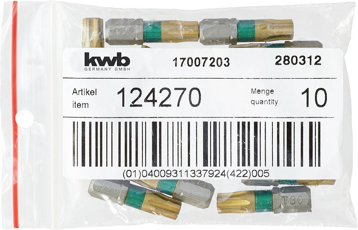 Zestaw adapterów firmy 'Kwb Germany GmbH' o numerze artykułowym '124270', ilość '10', w przezroczystym opakowaniu plastikowym z kodem kreskowym.