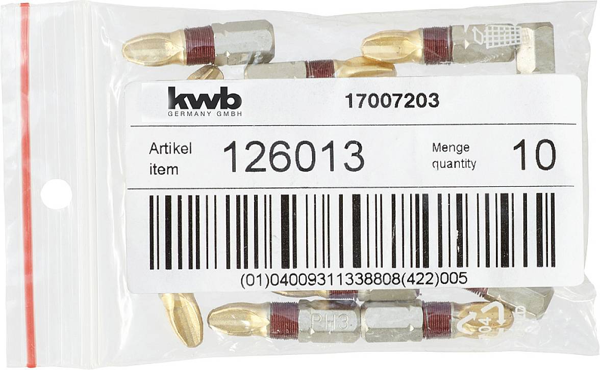 Woreczek plastikowy z kompaktowymi bitami wkrętakowymi marki 'kwb', numer artykułu 126013, ilość 10, z kodem kreskowym na etykiecie.