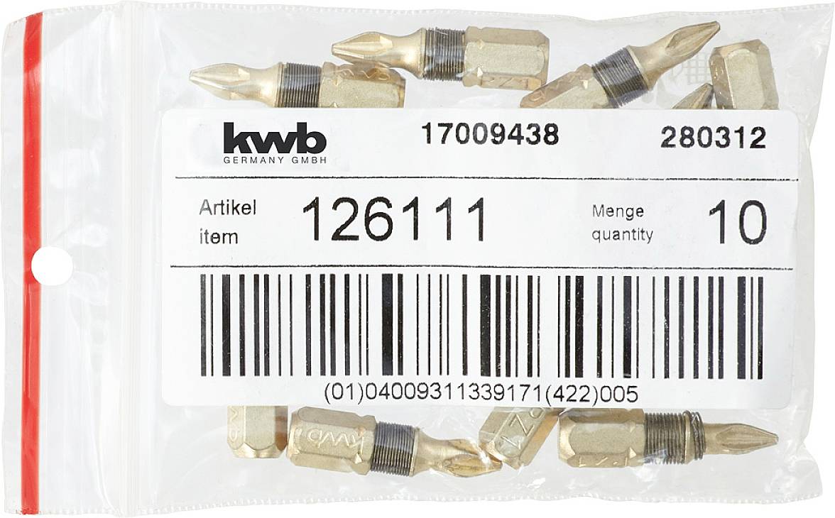 Opakowanie z grotami wkrętaka, numer artykułu 126111, ilość 10, Kwb Germany GmbH, kod kreskowy widoczny.