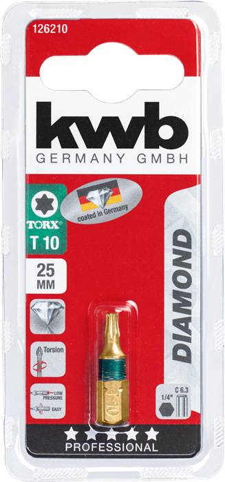 Opakowanie bitu KWB TORX T10, 25 mm, powleczonego diamentem, przeznaczonego do zastosowań profesjonalnych. Zawiera symbol momentu obrotowego i flagę Niemiec.