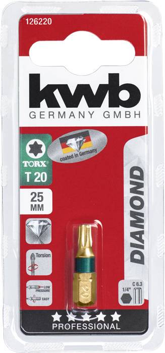 Bit Torx T20, 25 mm długości, z oznakowaniem 'kwb Germany GmbH', odpowiedni do zastosowań profesjonalnych. Opakowanie wskazuje na 'powlekany w Niemczech' oraz pokrycie diamentowe.