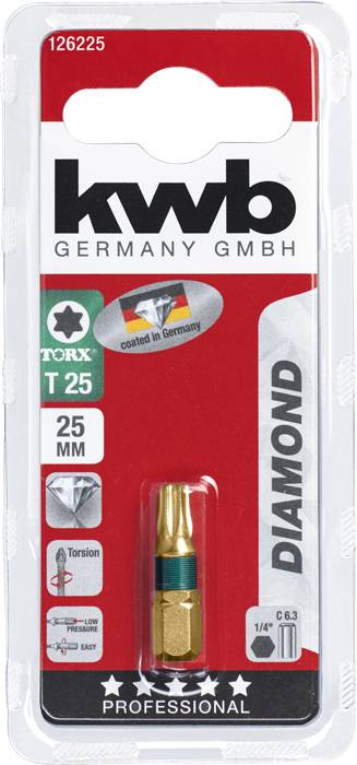 Bit Torx T25 firmy Kwb Diamond, 25 mm długości w opakowaniu blistrowym. Do śrub Torx, o wysokiej skrętności, profesjonalny.