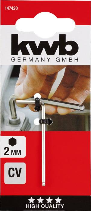 Opakowanie klucza imbusowego 2 mm firmy KWB Germany GmbH, z ilustracją narzędzia podczas użycia. Wykonanie wysokiej jakości.
