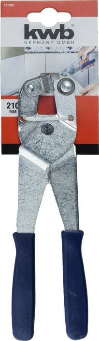 Szczypce z niebieskimi uchwytami i opakowaniem marki 'kwb GERMANY GMBH', przydatne do prac do 210 mm, na czerwonym tle.