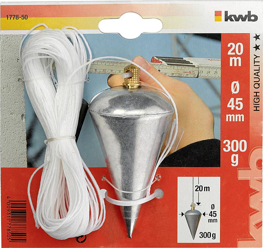 Poziomnica z ołowianym obciążnikiem, długość 20 m, średnica 45 mm, waga 300 g, idealna do precyzyjnego wyrównywania w pionie. Nazwa marki w prawym górnym rogu.