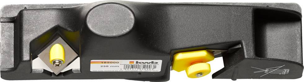 Ręczna ostrzałka z żółtą rękojeścią i chronioną klingą, widok z góry, przeznaczona do ostrzenia narzędzi i noży.