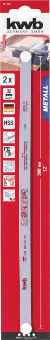 Opakowanie brzeszczotu 'KWB'. Zawiera dwie piły z szybkotnącej stali (HSS), długości 300 mm. Przeznaczone do obróbki metalu. Czerwone opakowanie z ilustracjami i technicznymi piktogramami.