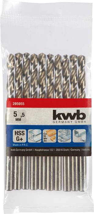 Zestaw 10 wierteł metalowych, 5,5 mm, HSS, w opakowaniu firmy kwb Germany. Opakowanie opisuje przykłady zastosowań: metal, drewno, tworzywo sztuczne.