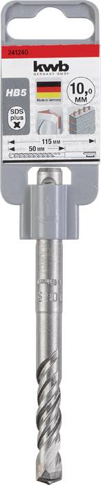 Wiertło SDS o średnicy 10 mm, przeznaczone do betonu. Opakowanie zawiera nazwę marki 'kwb', informację o rozmiarze oraz flagę Niemiec.