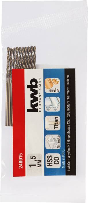 Zestaw wierteł 'kwb Germany GmbH', 1,5 mm, HSS CO do metalu, opakowanie 10 szt., numer artykułu 248015.