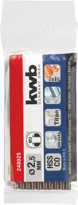 Zestaw wierteł firmy kwb; zawiera wiertła HSS powlekane tytanem, średnica 0,25 mm. Opakowanie przedstawia informacje producenta i logo.