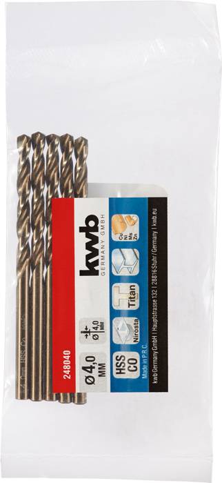 Zestaw wierteł, 4 mm, materiał HSS-Co, brąz, marka KWB. Opakowanie prezentuje logo i specyfikację produktu.