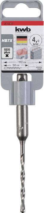 Szary wiertarz o średnicy 4 mm, odpowiedni do betonu, muru i skał. Opakowanie prezentuje nazwę marki 'kwb'.