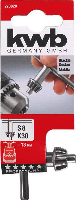Klucz do uchwytu wiertarskiego marki KWB Germany, odpowiedni do narzędzi Black & Decker i Makita. Rozmiar S8 K30, średnica 13 mm.