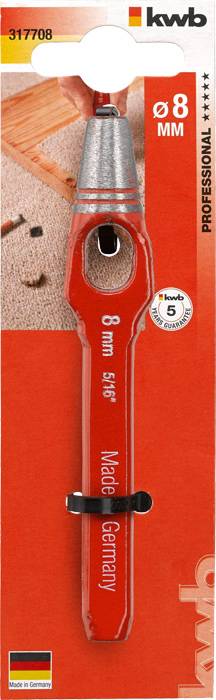 'Wiertło do drewna, 8 mm średnicy, czerwone, marka kwb. Opakowanie przedstawia wiertło i przykład zastosowania w drewnie.'