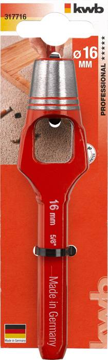 Końcówka wiertarska 'kwb Professional', średnica 16 mm, pakowana na pomarańczowej karcie. Wyprodukowane w Niemczech. Odpowiednia do prac w drewnie.