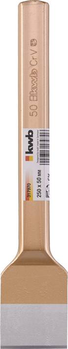 Dłuto z pomarańczową rękojeścią i srebrnym ostrzem, marki 'KWB', o długości 50 mm, odpowiednie do precyzyjnej pracy na różnych materiałach.