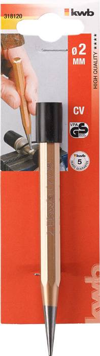 Znacznik ręczny 'kwb' na opakowaniu kartonowym, Ø 2 mm, idealny do oznaczania powierzchni metalowych. Opakowanie prezentuje zastosowanie narzędzia.