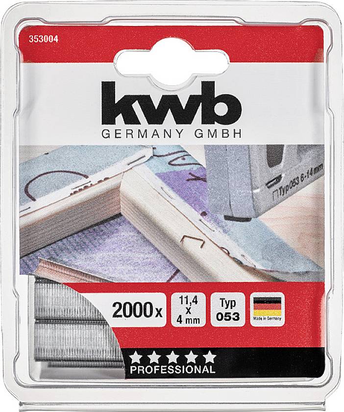 'Kwb Germany GmbH' Klamry: 2000 sztuk, typ 053, 11,4 x 4 mm. Opakowanie prezentuje prace stolarskie z klamrami, 'Wyprodukowano w Niemczech'.
