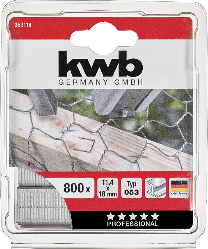 Opakowanie zszywek z napisem 'kwb GERMANY GMBH', 800 sztuk, wymiary 11,4 x 18 mm, typ 053, z ilustracją splotu drutu.