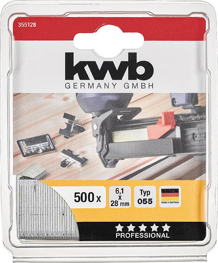 KWB Germany GmbH - Opakowanie na 500 gwoździ, 6,1 x 28 mm, typ 055. Z obrazkiem pistoletu gwoździowego i napisem 'Made in Germany'.
