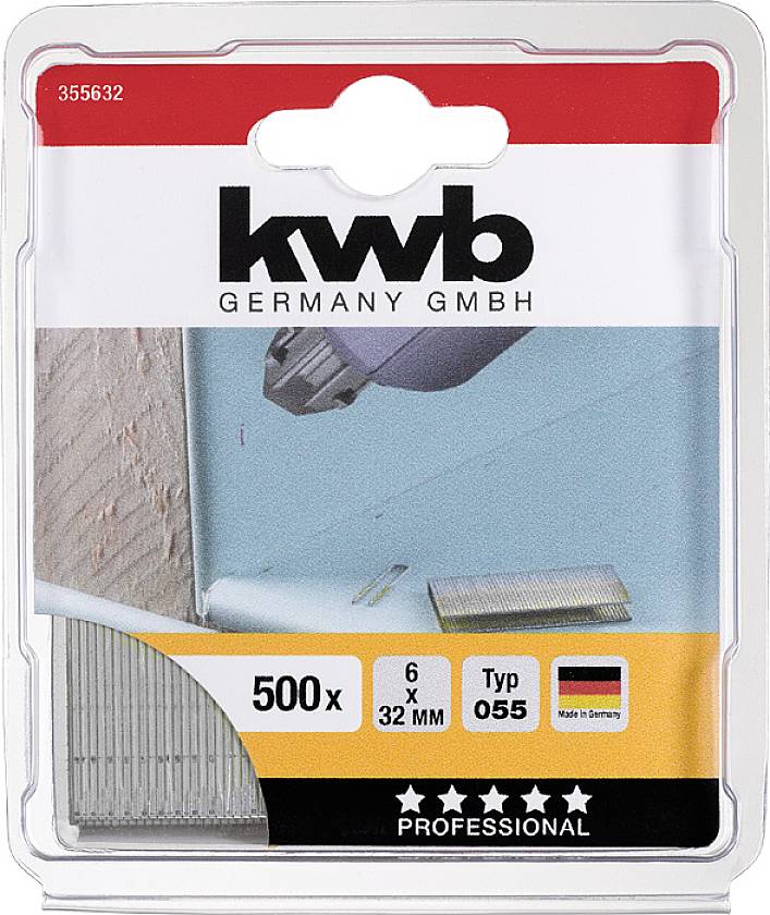 Opakowanie spinaczy biurowych firmy 'kwb Germany GmbH'. Zawiera 500 sztuk, rozmiar 6x32 mm. Typ 055, z informacją 'Made in Germany'.
